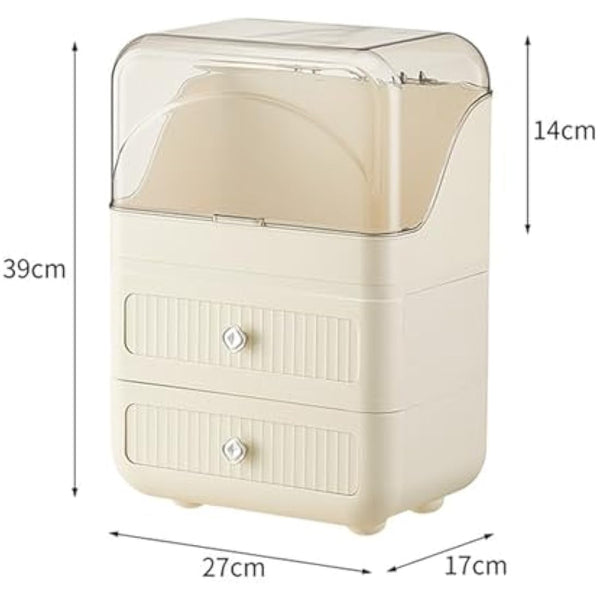 RMAN Makeup Organiser, Large Capacity Makeup Storage with Clear Lid and 2 Drawers for Cosmetics, Perfumes, Skincare, Waterproof and Dustproof - Cream White