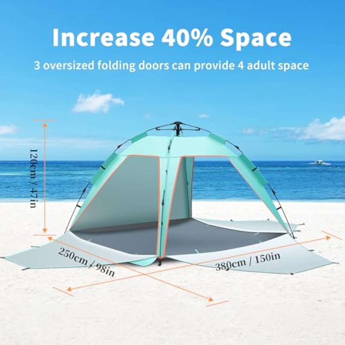 3-4 Person Instant Pop Up Automatic Beach Tent, Extra Large Portable Ventilated Sun Shelter with 3 expandable Door, Easy Setup Lightweight Sun Shade for Picnic,Beach,Garden