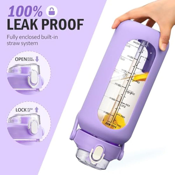 HYDRAGLAZIC 2L Glass Water Bottle with 2 Lids Flip and Chug Lids 2 Liter Large Water Jug with Time Marker and Silicone Sleeve BPA Free Leak-proof for Sports Gym, Purple