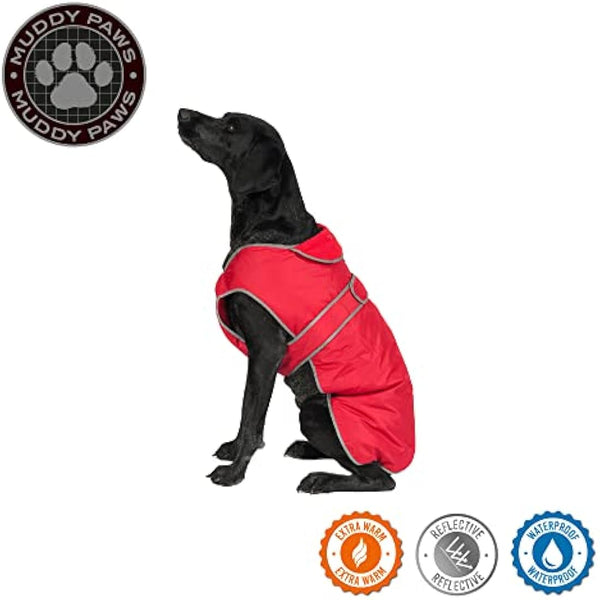 Ancol Muddy Paws All Weather Stormguard Dog Puppy Coat Poppy Red - Waterproof Pet Jacket with Fleece Lining & Chest Protector - Elasticated Neck & Leg Straps - 60 cm Length up to 86 cm Girth - XL