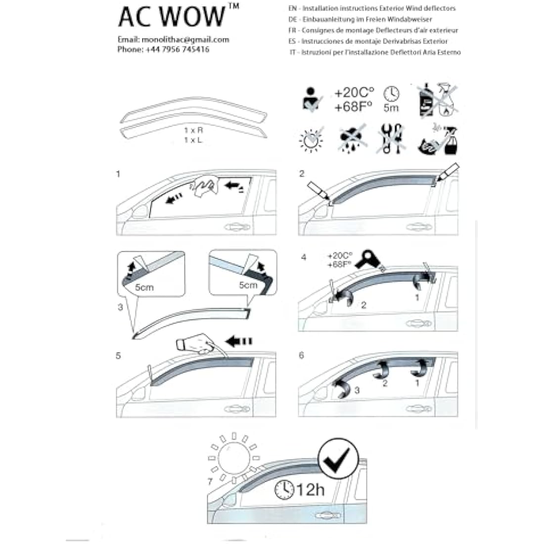 2x Wind Deflectors compatible with Ford Transit Custom Tourneo 2012 2013 2014 2015 2016 2017 2018 2019 2020 2021 2022 Acrylic Glass Windows Weather Shields Visors Rain Snow Sun Guards