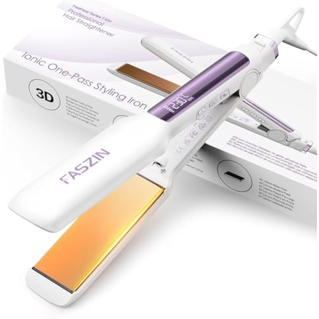 Faszin Professional Hair Straighteners, 42mm Wide-Plate Titanium Negative Ion Flat Iron, 30s Rapid Heating, Real-time Temperature Display, 11 Adjustable Temperature Levels (130-230℃)-White