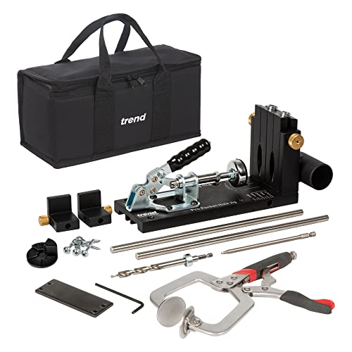 Trend Pocket Hole Jig Pro Kit with Pocket Hole Jig, Support Rods & End Stops, Face Clamp, HSS Drill Bit & Depth Collar, Square Drive Bits, 100 Screws & Storage Case, PH/JIG/AK , 12.7-38mm