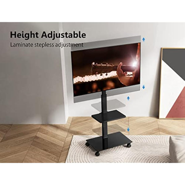 FITUEYES TV Stand on Wheels for 32 to 60 Inch TV, Swivel & Height Adjustable Portable Mobile TV Stand TV Trolley, Cable Management Removable Shelf Black