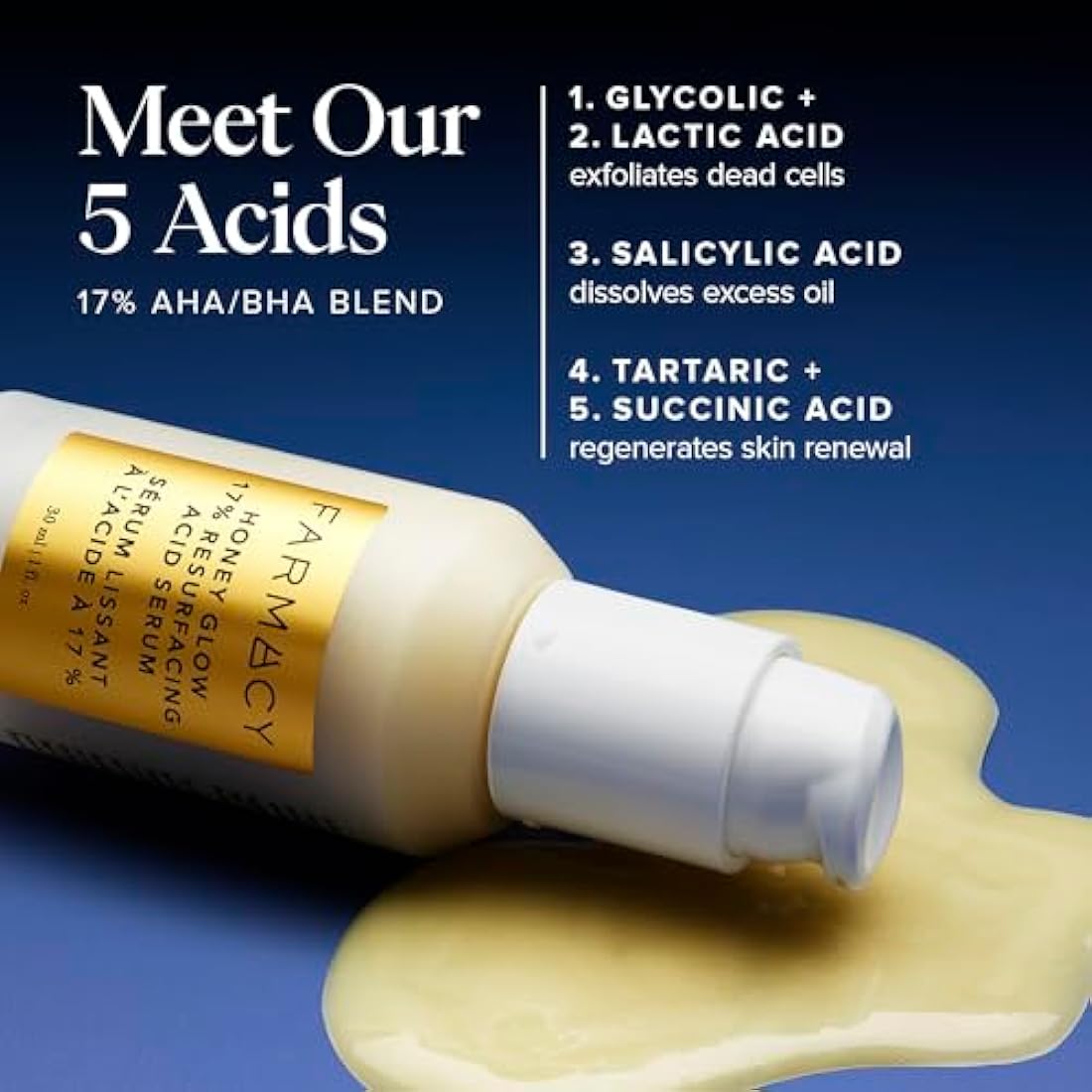 Farmacy Honey Glow 17% AHA & BHA Resurfacing Night Serum - Facial Serum with Hyaluronic Acid - Reduces Fine Lines & Pores(30ml)