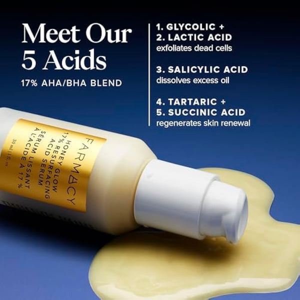 Farmacy Honey Glow 17% AHA & BHA Resurfacing Night Serum - Facial Serum with Hyaluronic Acid - Reduces Fine Lines & Pores(30ml)