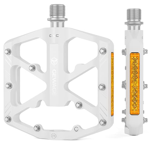 GEWAGE Bike Pedals With Reflective Strips, 3 Sealed Bearings Non-Slip CNC Aluminum Bicycle Platform 9/16" Pedals For Road Bike MTB E-Bike. (White)