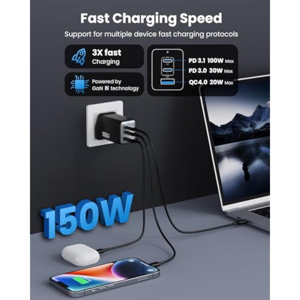 150W USB C Charger, 3-Port USB C Plug Fast Charger, GaN III Compact Wall Charger, 100W Laptop Charger for MacBook Pro/Air, Dell, iPad, iPhone 16 Pro/15, Galaxy S24, Pixel 9, Steam Deck,etc