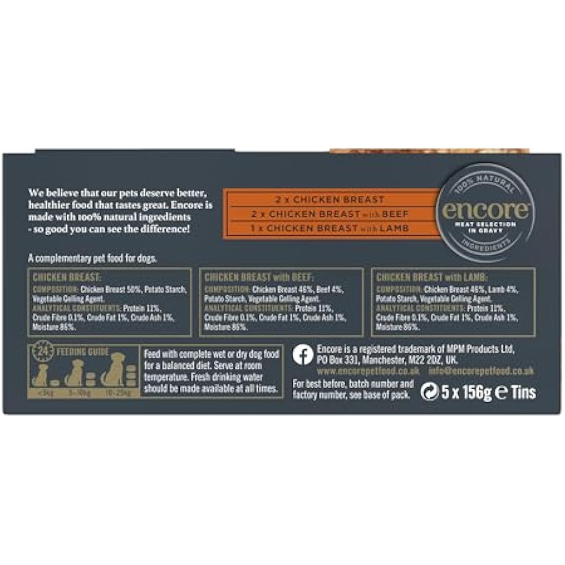 Encore 100% Natural Wet Dog Food, Multipack Meat Selection in Gravy 156 g Tin, Pack of 20