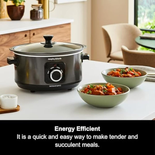 Morphy Richards 3.5L Sear & Stew Slow Cooker, Shatter Resistant Aluminium Pot, 3 Heat Settings, Hob Proof, Easy Clean, 163W, Black, 460012