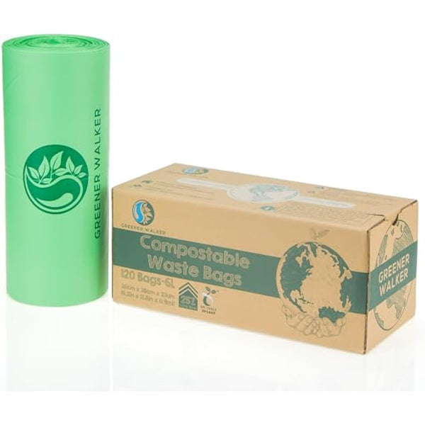 Greener Walker 25% Extra Thick Compost 6L/10L/30L Caddy Bin Liners-120 Bags Biodegradable Kitchen Food Waste Bags(6L)