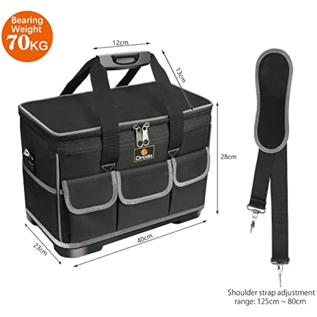 Drado Tool Bag Muti-Purpose Waterproof Tool Bag Organiser Tool Tote with Adjustable Shoulder Strap Black (40 x 23x 28cm)