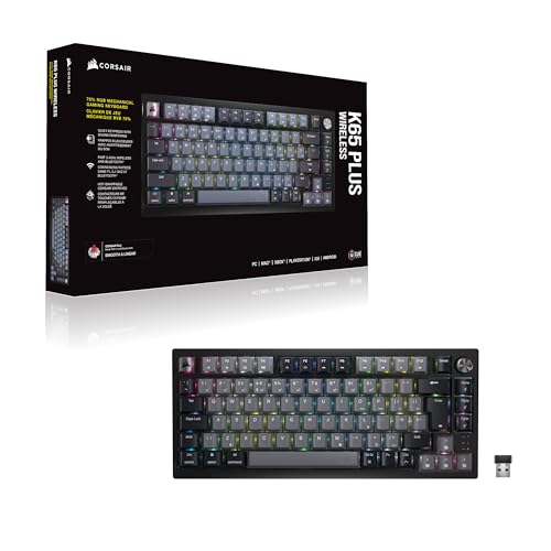 Corsair K65 PLUS WIRELESS 75% RGB Hot-Swappable Mechanical Gaming Keyboard – Pre-Lubricated MLX Fusion Tactile Switches – Dual-Layer Sound Dampening – PBT Keycaps – QWERTY UK – Black