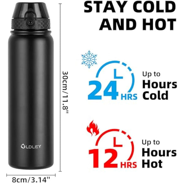 OLDLEY Stainless Steel Water Bottle with Straw 1L Vaccum Insulated Large Drink Flask Metal Water Bottles 1 Litre Leakproof Keep Drinks Hot Cold for Bike Sports Gym Adult Women Men(Black,1 Lid)