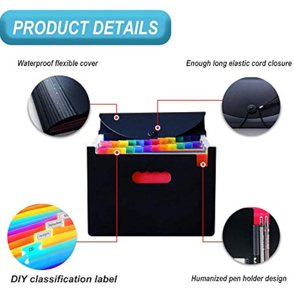 File Organiser, A4 Document Organiser 24 Pockets, Twill Expanding Accordion Filing Folders, File Storage Box with Lid, Labels and Clips (Black-C)