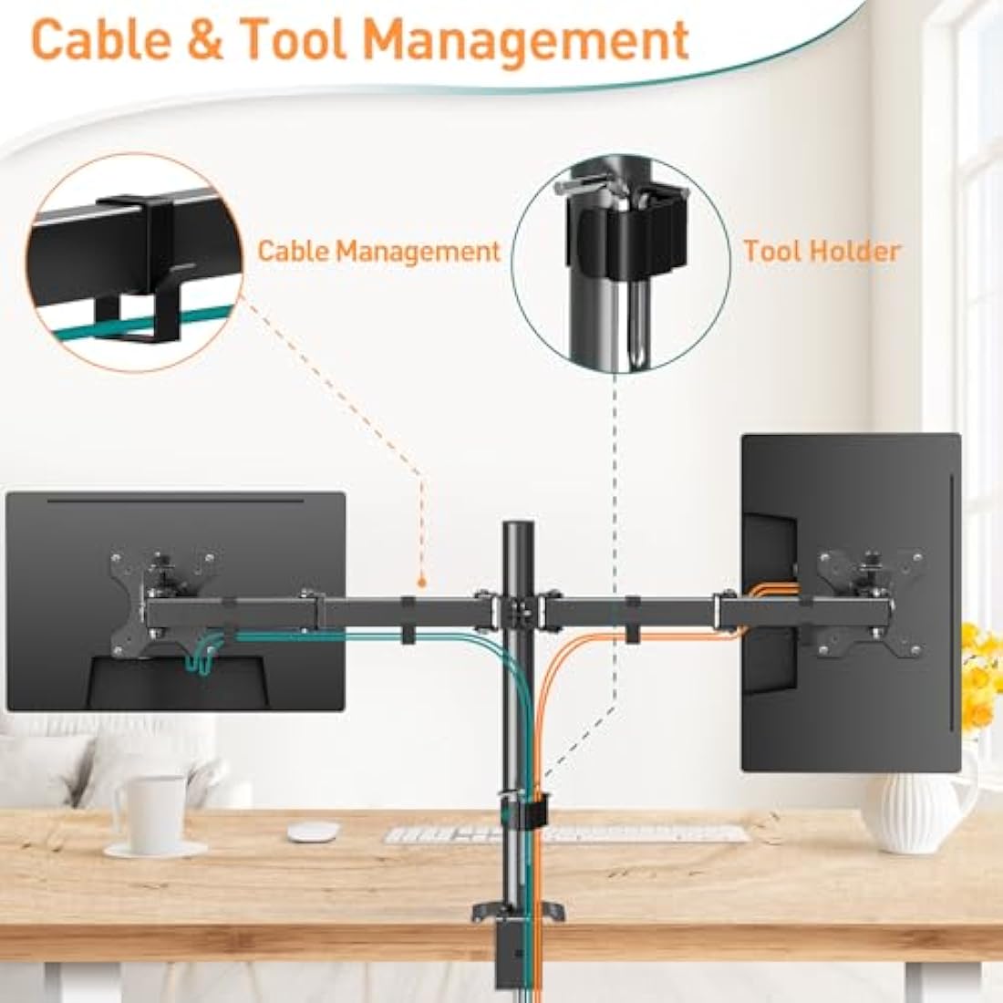 ELIVED Dual Monitor Arms for 13-32 inch LED LCD Screens, Flat/Curved, VESA 75/100mm, Adjustable Height, Tilt & Swivel, Up to 8KG, EV002