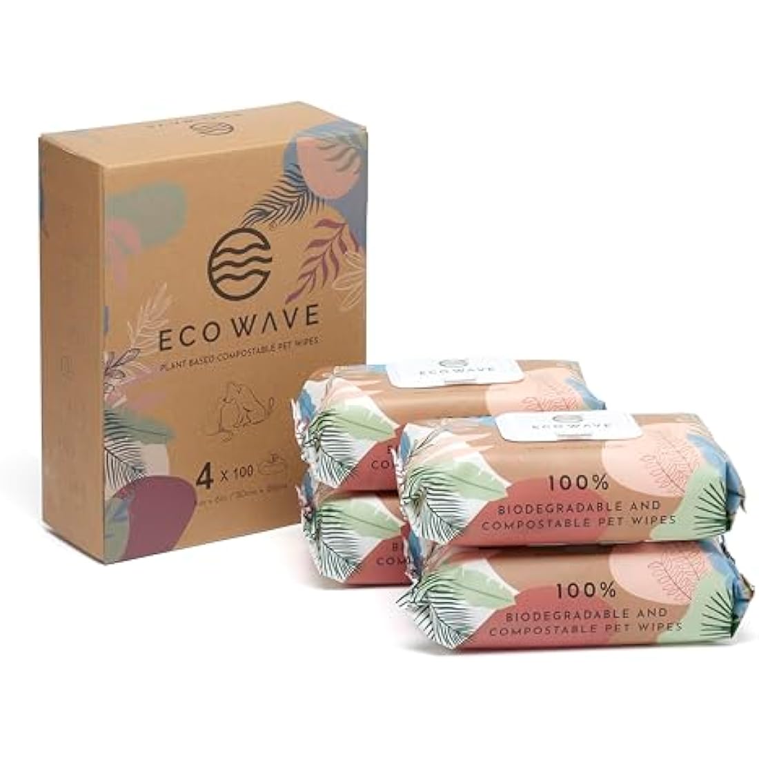 Eco Wave Hypoallergenic Plant-Based Pet Wipes, Dog and Cat Grooming Wipes for Face, Ears, Body, Butt, and Paws, Fragrance Free, Compostable, 400 Count