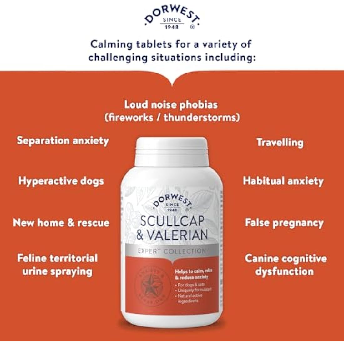DORWEST HERBS Scullcap & Valerian Calming Tablets for Dogs and Cats, 500 Tablets, Natural Dog Calming Supplements for Stress and Anxiety Relief – Sugar-Free, Non-Drowsy, Light Yellow Tablet, 14DOR018