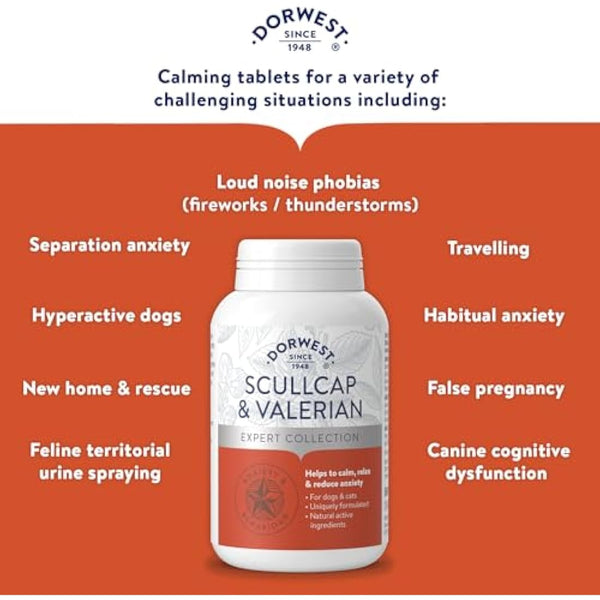 DORWEST HERBS Scullcap & Valerian Calming Tablets for Dogs and Cats, 500 Tablets, Natural Dog Calming Supplements for Stress and Anxiety Relief – Sugar-Free, Non-Drowsy, Light Yellow Tablet, 14DOR018