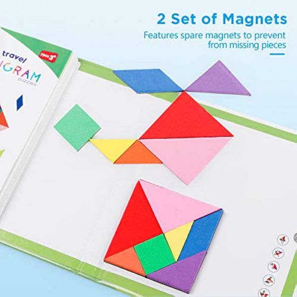 Coogam Travel Tangram Puzzle with 3 Set of Magnetic Tangram - Road Trip Tangoes Jigsaw Shapes Dissection Games with Solution - IQ Book Educational Toy Brain Teaser Gift for Kid Adult Challenge