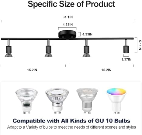 4 Way Spotlight Ceiling Light Rotatable, GU10 Industrial Ceiling Light Fitting Black Spot Light Bar Indoor Adjustable Light Ceiling Spot Lamp for Kitchen Bedroom Hallway, 3000K GU10 Bulb Included