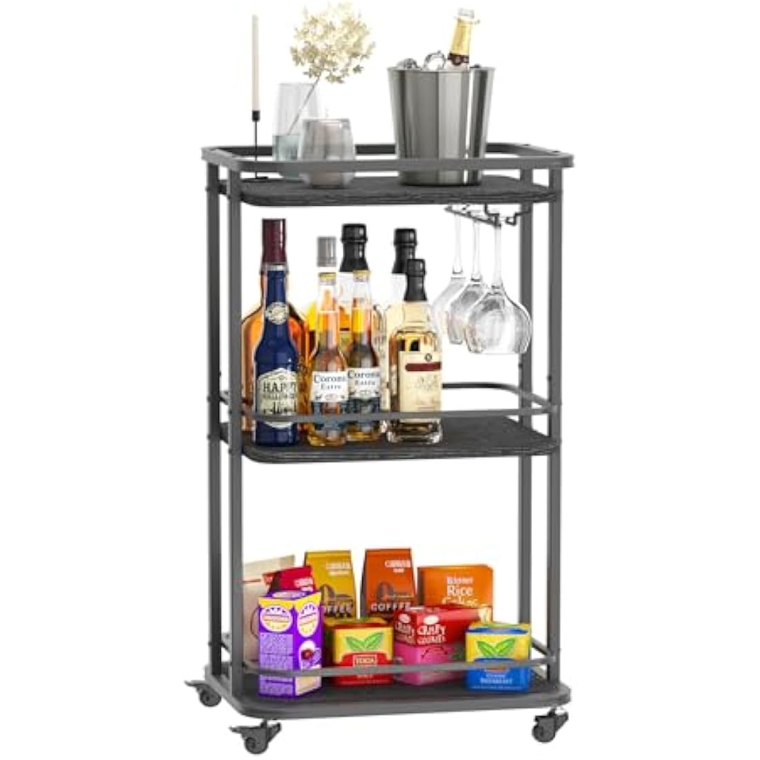IBUYKE 3-Tier Home Bar Serving Cart,Kitchen Storage Carts With Wheels,11.79x15.72x33.01 inches,Rolling Mini Bar Cart for Home, Outdoor, Kitchen, Bedroom, Living Room TMJ319B