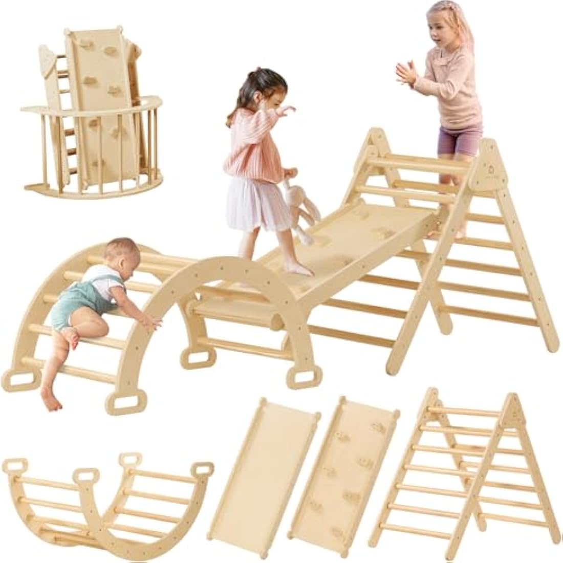 Tiny Land Triangle Climbing Frame for Kids, 3 in 1 Foldable Montessori Toy Wooden Climbing Triangle, Indoor Climbing Frame Set Wooden Climbing Toy with Ramp and Arch Climbing Triangle