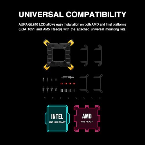 GAMDIAS AURA GL240 LCD 240mm AIO Liquid CPU Cooler, Customizable 4'' IPS LCD Display, Cableless Daisy Chained Fan, Software Ready, Support Low-Noise PWM & ARGB Sync, Intel LGA 1851/1700；AMD AM5, Black