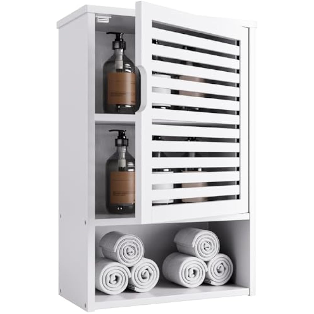 HITNET White Bathroom Wall Cabinet, Bamboo Medicine Cabinet, Single Door Hanging Storage Cupboard with Adjustable Shelf