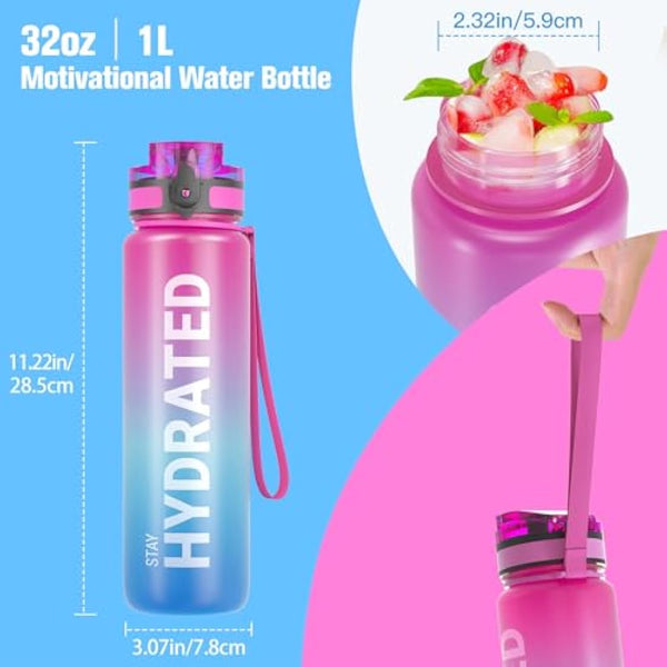 Sahara Sailor Leakproof Water Bottle 1L/500ML/750ML, Tritan BPA Free Motivational Sport Drinks Bottle with Clear Time Marker, Lock Cover, Easy Clean Brush, Durable for Gym, School, Cycling (1 Bottle)