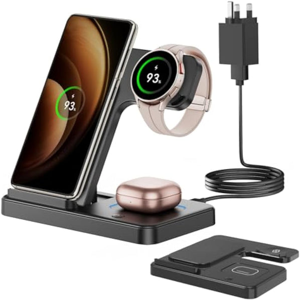 GEEKERA Wireless Charger for Samsung, 3 in 1 Foldable Charging Station for Samsung S25/S24/S23/ZFold/Flip, Fast Phone Watch Charger Dock for Galaxy Watch 7/6/5/4, Docking Station for Galaxy Buds-Black