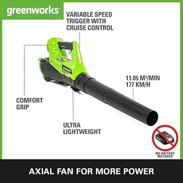 Greenworks 40V Cordless Leaf Blower with Cruise Control, Lightweight Axial Leaf Blower 177km/h 11.05m3/min, 2Ah Battery & Charger, Electric Leaf Blower Cordless Garden Blower, 3 Year Guarantee G40ABK2