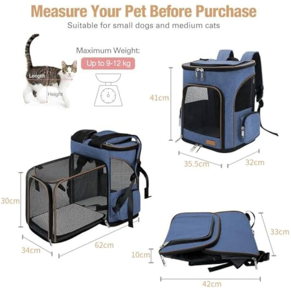 Lekesky Expandable Cat Carrier Backpack - Portable Breathable Rucksack for Medium and Small Cats & Dogs, Foldable with Inner Escape-proof Leash and Pet Mat, Supports 25 lbs (Blue)