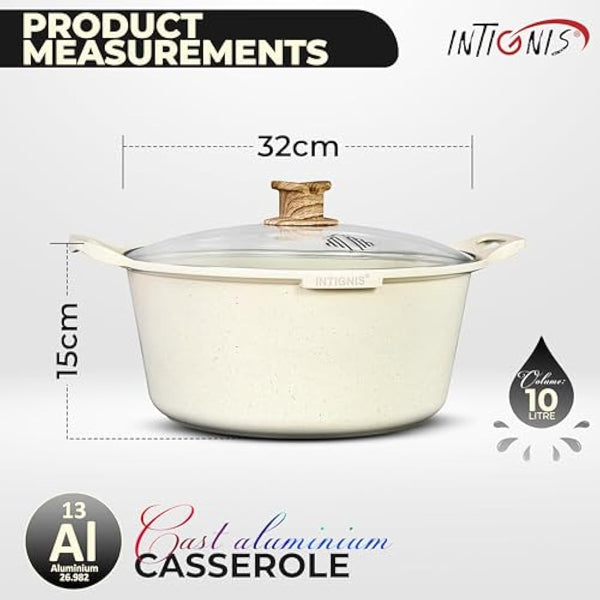 INTIGNIS® Casserole Pot with lid – Large 32cm | 10 Litre | 15 Inches – Induction Compatible – GREBLON Ceramic Non Stick Chemical Free Coating White