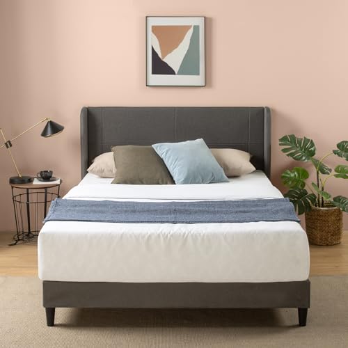 Zinus Sasha Super King Bed frame - Bed 180x200 cm - 25 cm Height - Upholstered Platform Bed frame with Wingback Headboard - Medium Grey