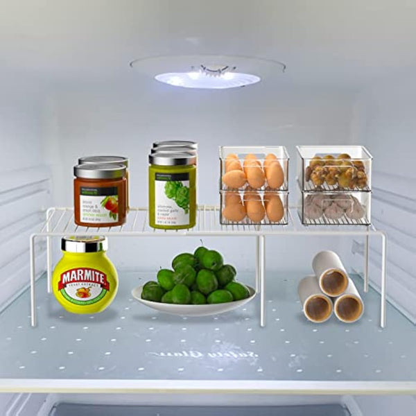 iPEGTOP Freezer Cabinet Storage Shelf, Expandable Metal Rustproof Spice Rack, Adjustable Kitchen Organizer Counter Fridge Pantry Shelf Space Saver, White, Set of 2