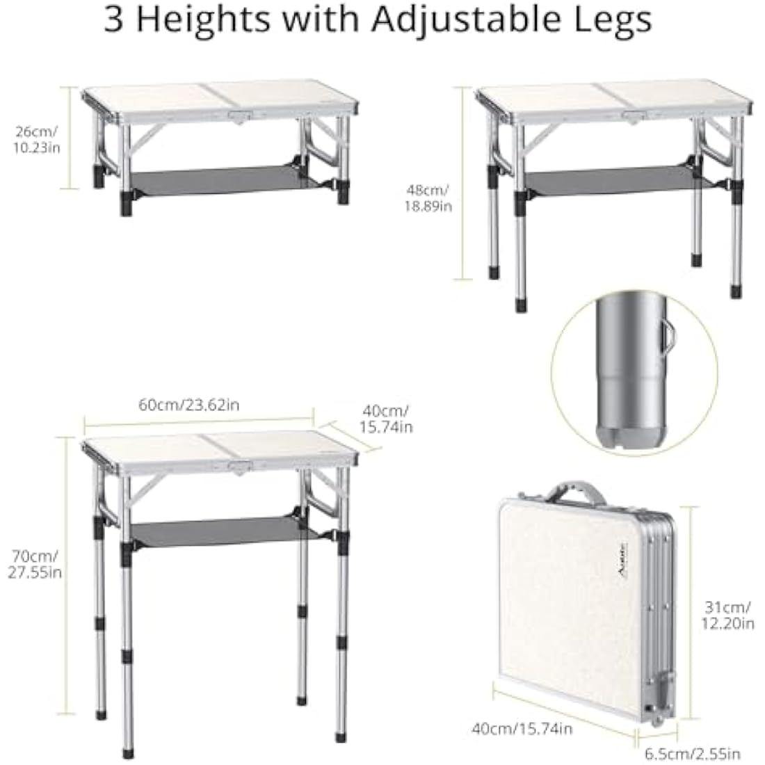 Anbte Folding Camping Table with Storage Net, 3 Adjustable Heights Aluminum Small Folding Table, Waterproof Lightweight Foldable Stored for Outdoor Indoor Picnic Beach Backyard, 60cm x 40cm, Silver