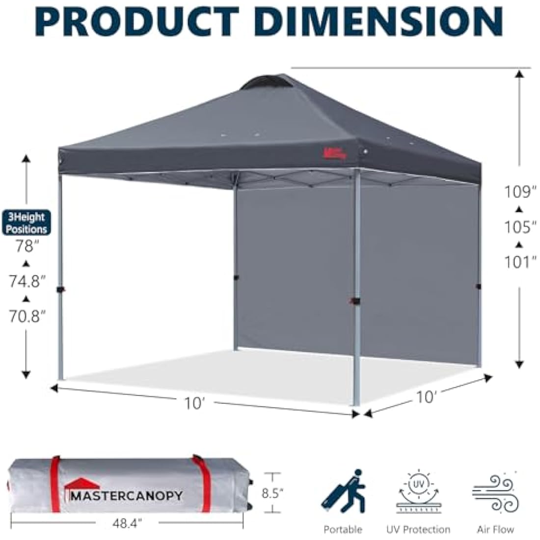 MASTERCANOPY Durable Ez Pop-up Gazebo Tent with 1 Sidewall (3x3M,Dark Grey)