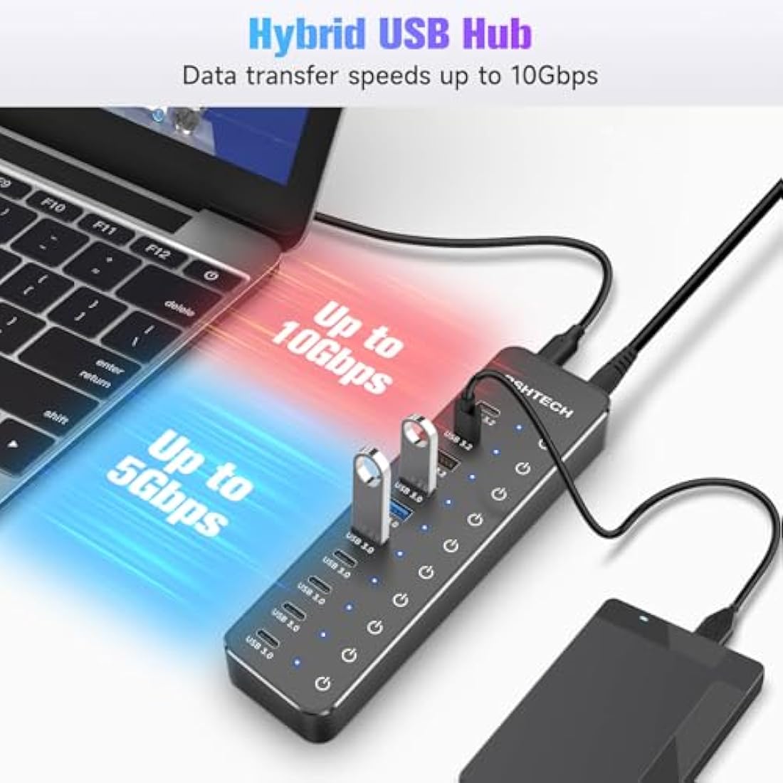 RSHTECH Powered USB C/3.2 Hub 60W, 10 Port USB HUB with 3x 10Gbps USB 3.2 Ports (2C+1A), 7x 5Gbps USB 3.0 Ports (4C+3A), 3.3ft USB-C/A Cable and 12V/5A Power Adapter