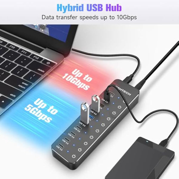 RSHTECH Powered USB C/3.2 Hub 60W, 10 Port USB HUB with 3x 10Gbps USB 3.2 Ports (2C+1A), 7x 5Gbps USB 3.0 Ports (4C+3A), 3.3ft USB-C/A Cable and 12V/5A Power Adapter