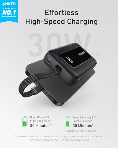 Anker Zolo Power Bank, 10,000mAh 30W High-Speed Portable Charger with Built-In USB-C Cable, Fast Charging Battery Pack for iPhone 16/16 Plus/16 Pro/16 Pro Max/15 Series, Galaxy, iPad, and More