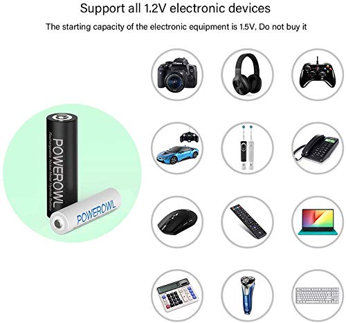 POWEROWL 8 Pcs 2800mAh AA Rechargeable Batteries with 8 Slot Battery Charger, USB Fast Charging, Input DC 5V 2A, Output 1.4V 250mA, Independent Slot