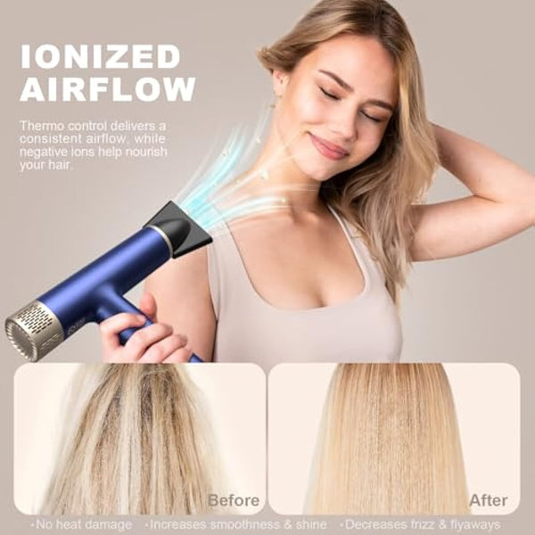 YAPOY Professional Hair Dryer with Diffuser Fast Drying 200 Million Ionic Blow Dryer with 110, 000 RPM High-Speed No Heat Damage Intelligent Thermo-Control Low Noise - Blue