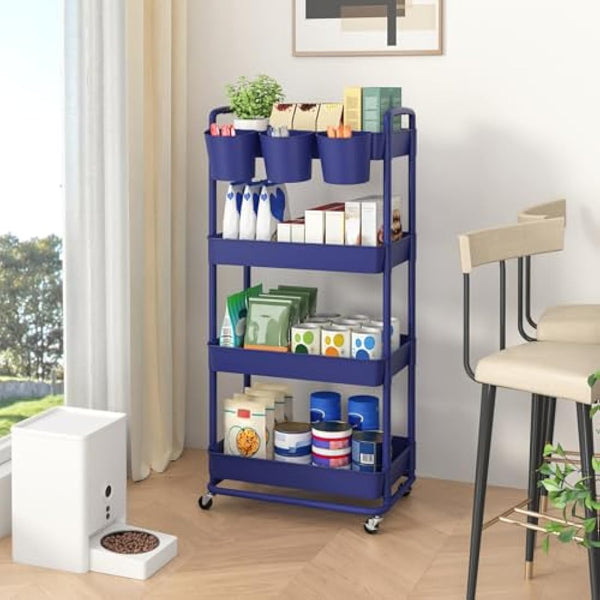 JIUYOTREE 4-Tier Plastic Rolling Storage Cart Utility Cart with Extra Hanging Cups Handles Lockable Wheels for Living Room Bathroom Kitchen Office Blue