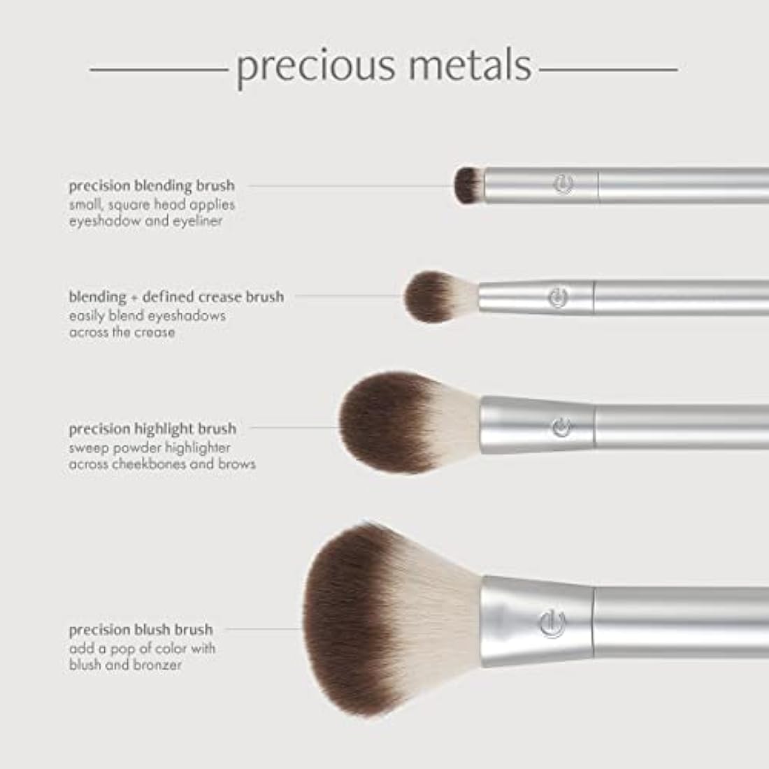 EcoTools Precious Metals Cheek & Eye Highlight Makeup Brush Kit, for Eyeshadow, Blush, & Powder Products, Eco Friendly, Vegan, Cruelty Free Face Brushes, Recycled Aluminum, Chrome, 4 Piece Set