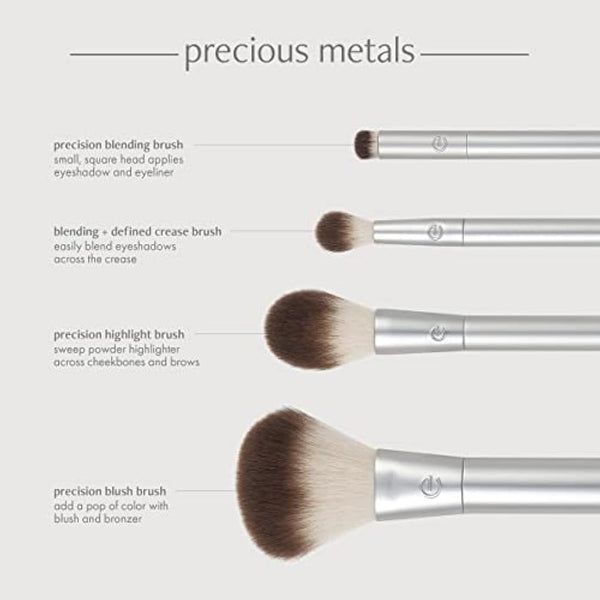 EcoTools Precious Metals Cheek & Eye Highlight Makeup Brush Kit, for Eyeshadow, Blush, & Powder Products, Eco Friendly, Vegan, Cruelty Free Face Brushes, Recycled Aluminum, Chrome, 4 Piece Set