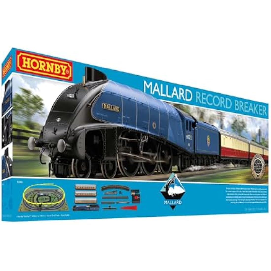 Hornby R1282M Mallard Record Breaker Train Set - Analogue OO Gauge Model Railway, Includes: 1x Steam Locomotive, 3x Coaches & Track - Starter Electric Model Train Sets - 1:76 Scale