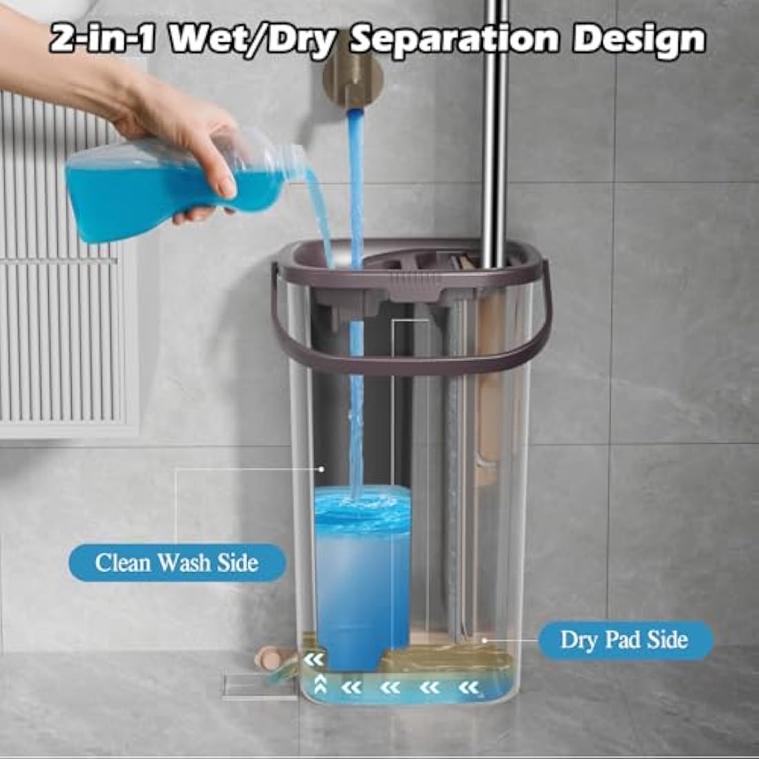 MASTERTOP Mop and Bucket, Hands Free Flat Mop and Buckets Sets with Wringer, Wet and Dry Squeeze Floor Mops with 6 Replacement Mop Pads, Compact Cleaning System, Mops for Cleaning Floors