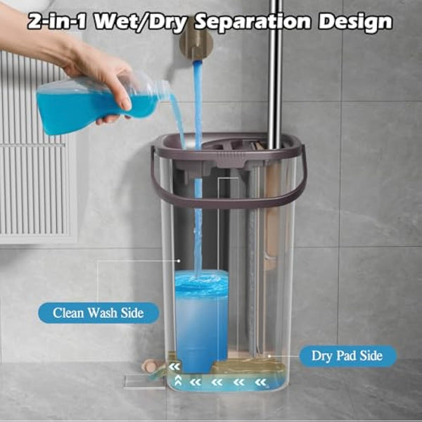 MASTERTOP Mop and Bucket, Hands Free Flat Mop and Buckets Sets with Wringer, Wet and Dry Squeeze Floor Mops with 6 Replacement Mop Pads, Compact Cleaning System, Mops for Cleaning Floors