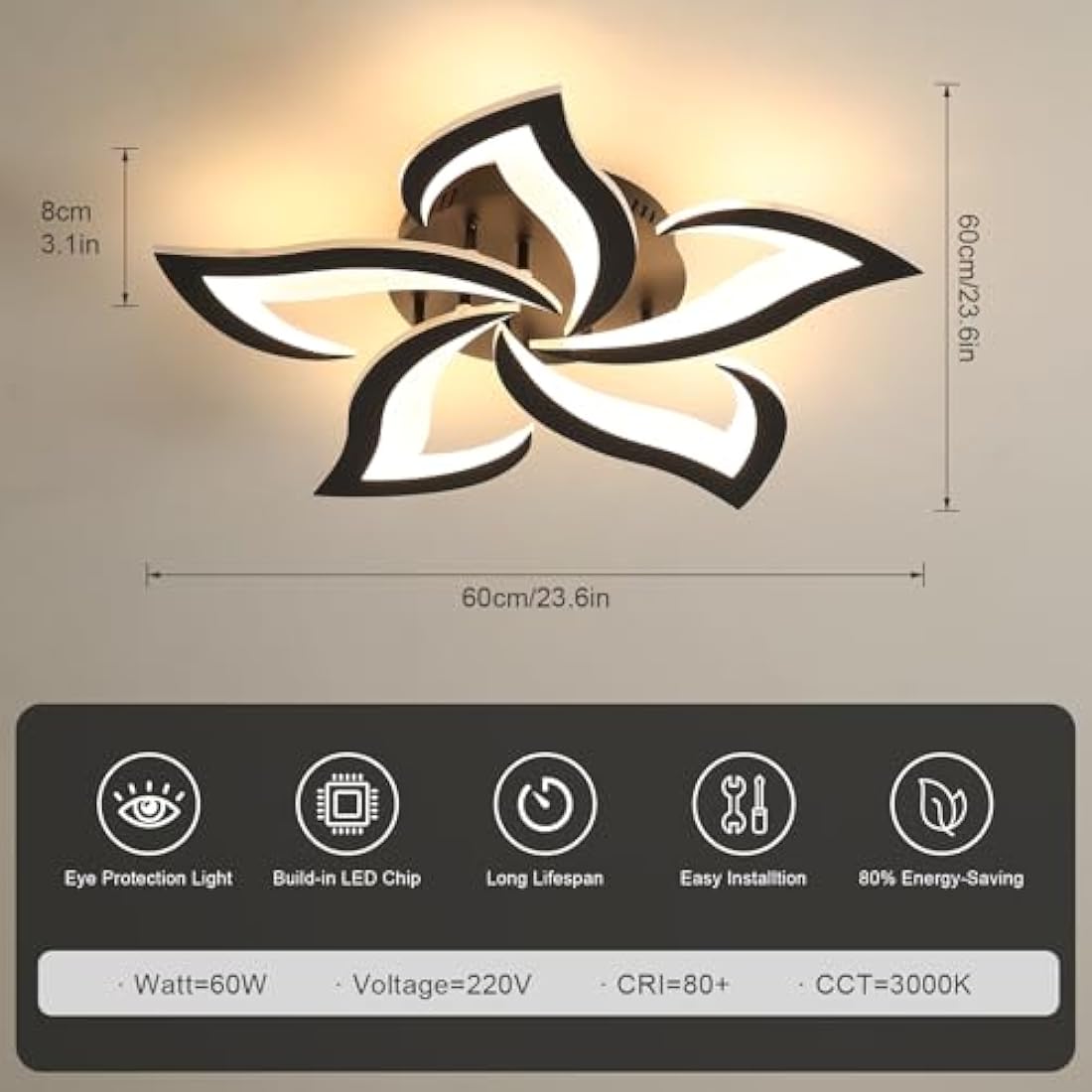 Dorlink LED Ceiling Light, 60W 5400LM Modern Design Ceiling Lighting, 5 Lights Living Room Ceiling Light Acrylic Black Flower Fittings Ceilings for Bedroom, Kitchen, Dining Room 3000K Warm White
